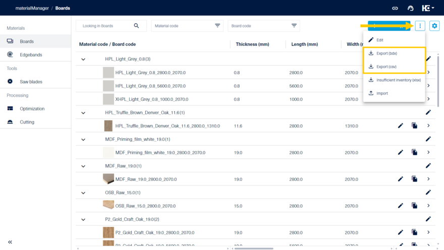 Start export of boards