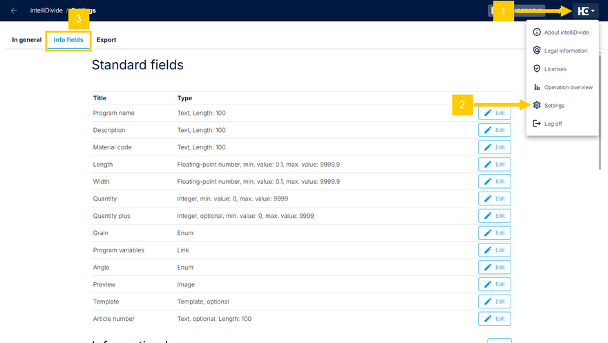 Opening the info fields settings