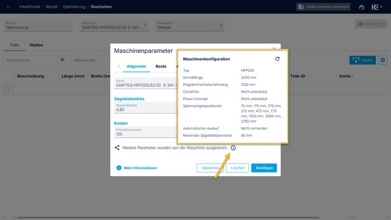 Darstellung der Maschinenkonfiguration einer tapio connected Maschine