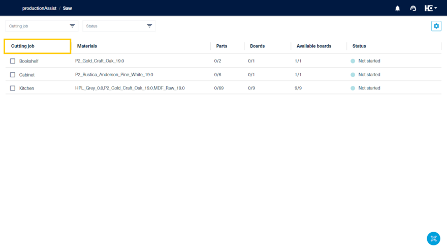 Overview of all cutting jobs