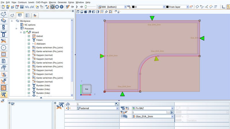 All work steps for edge banding are generated automatically after defining the contours and corners.