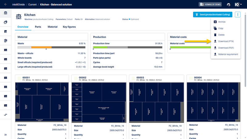 As soon as the PTX format is activated, the corresponding file is available for download in the extension menu.