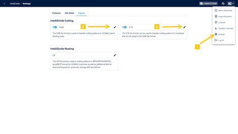The settings for the SAW export file (2) and the PTX export (3) file are available via the HOMAG menu (1).