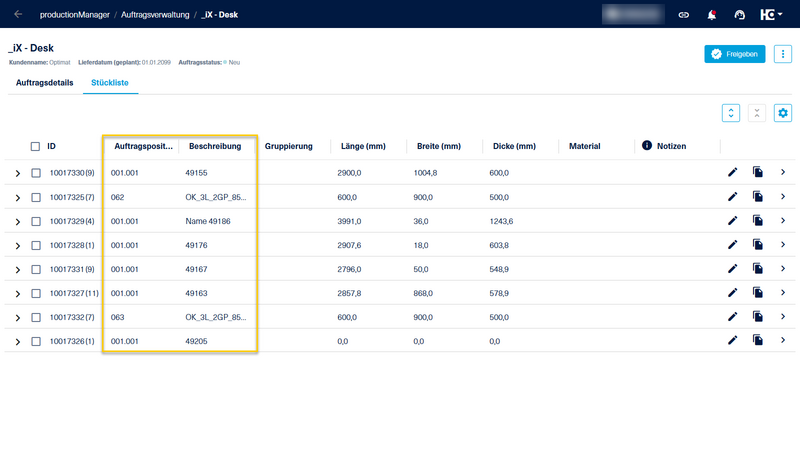 Die Werte stammen aus den Spalten "Auftragspositionen" und "Beschreibung[en]" der Auftragspositionen auf Stücklistenebene. 