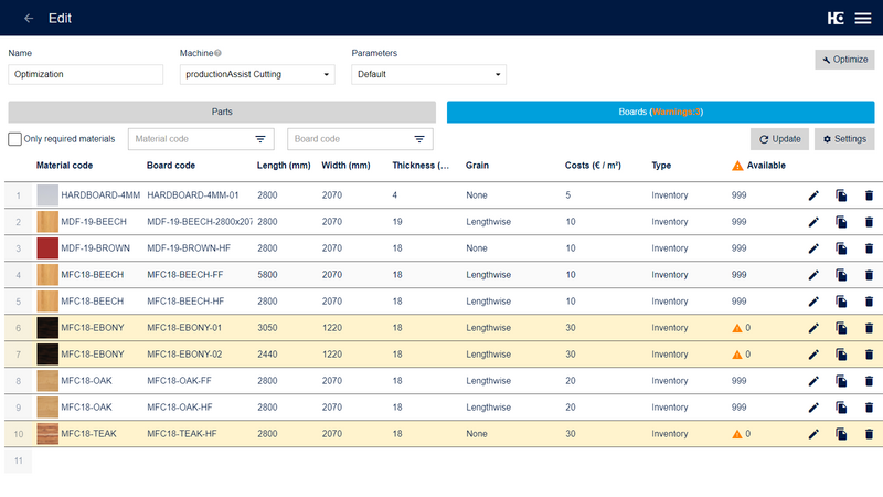 Unfiltered board list with inventory warnings.