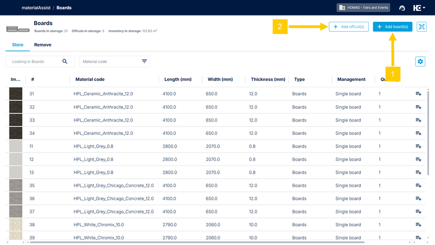 Adding a board or offcut in the "Store" overview