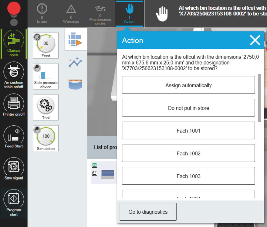 Action message in the assistance graphic on the saw.