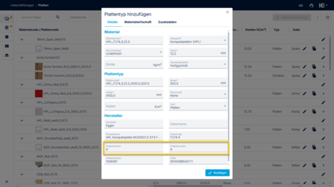 Felder "Prägung oben" und "Prägung unten" jetzt verfügbar im materialManager