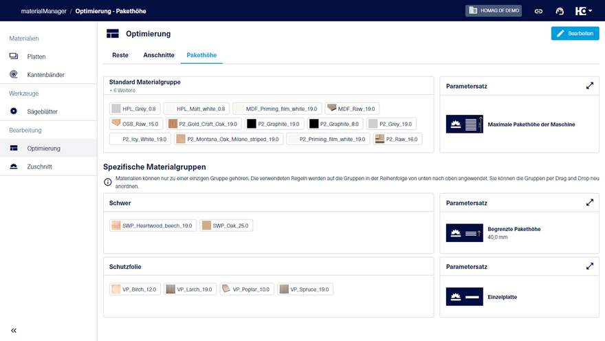 Materialgruppen für die maximale Pakethöhe