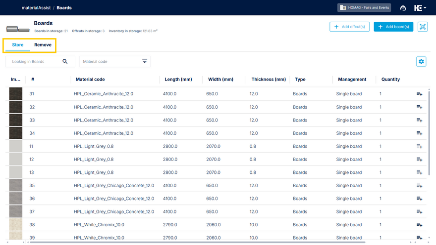 "Store" overview in materialAssist Boards