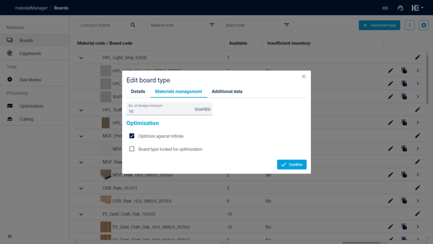 Edit materials management of a board type