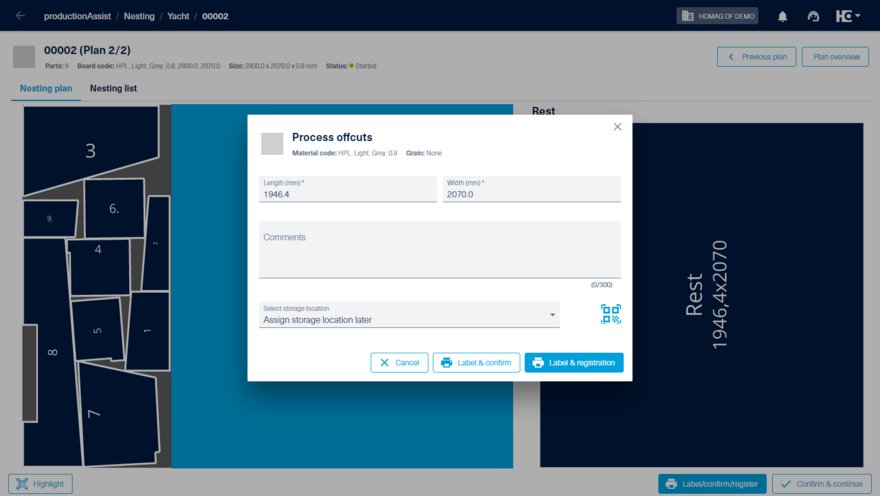 Edit offcut, label and assign storage location