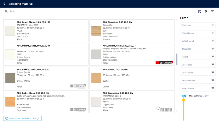 Display of edgeband types already created in materialManager
