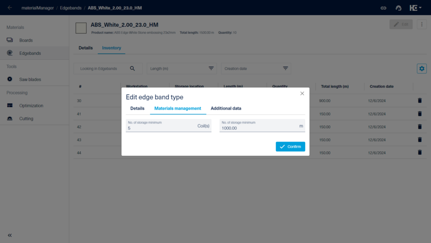 Edit materials management of an edgeband type