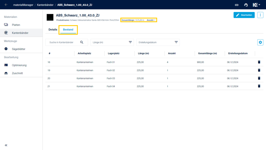 Bestandübersicht in der Detailansicht eines Kantenbandtyps