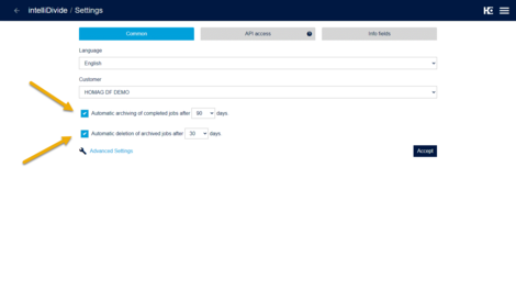 Activation of automatic archiving and deletion of jobs