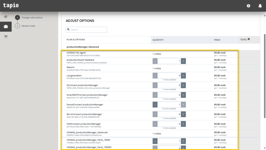 Selection of the desired options