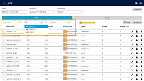 Filtering of the parts list