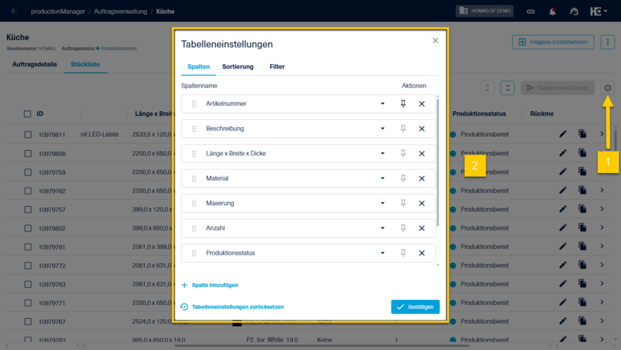 Tabelleneinstellungen auf Stücklistenebene