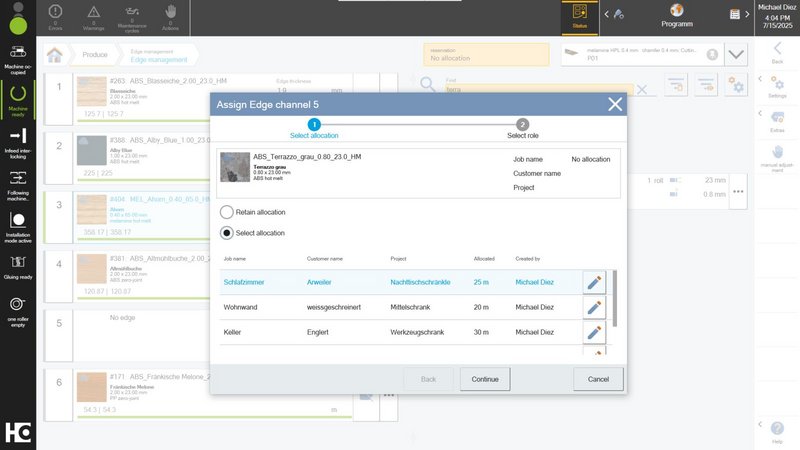 Edgeband type allocations in woodCommander
