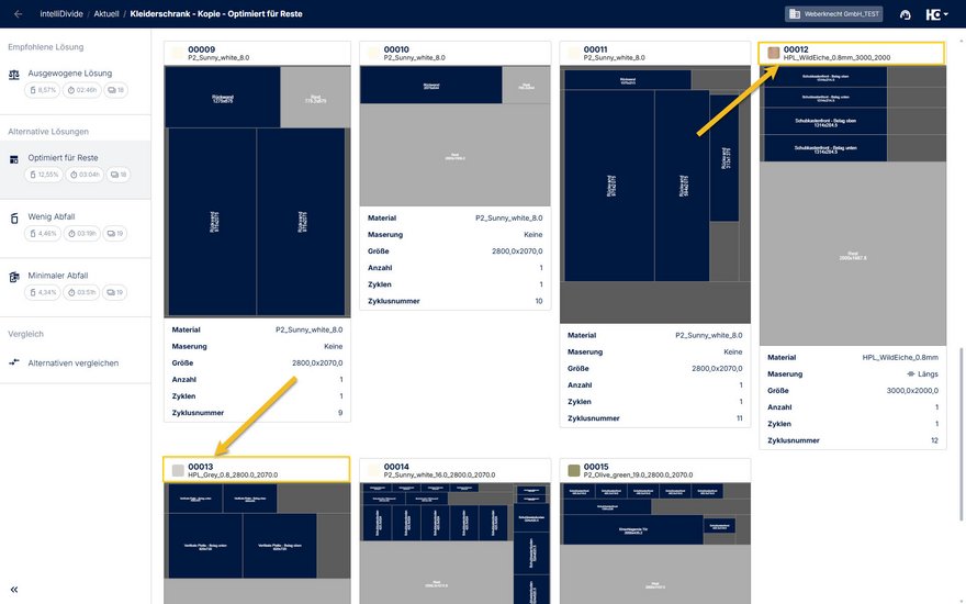 Berechnung der Schnittpläne für das Plattenmaterial und für die Laminate.