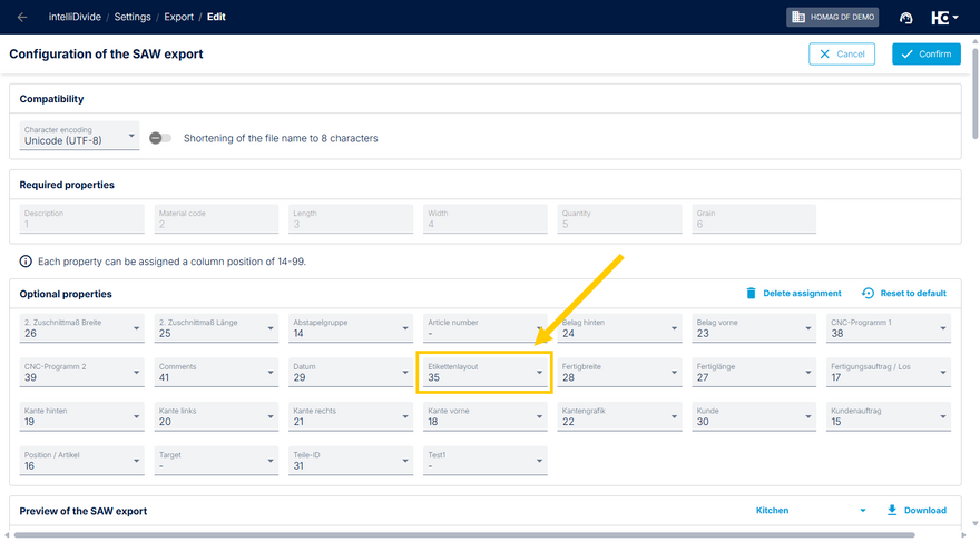 Assigning column position 35 to the label layout