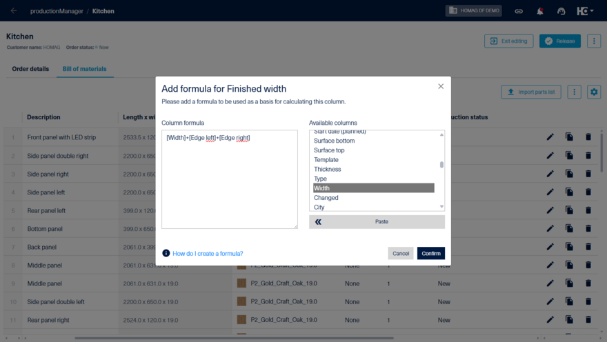 Example: create formula for finished width