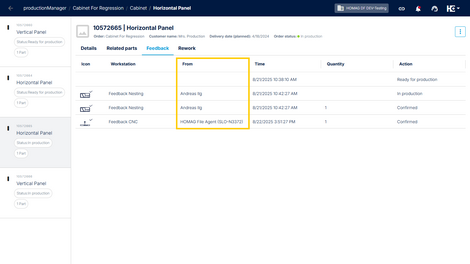 Transparent tracking of part feedback in productionManager and productionAssist