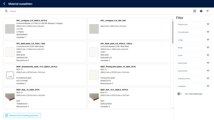 Übersicht der Materialien aus dem materialManager