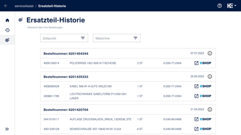 Mit der Ersatzteilhistorie überblicken Sie alle abgeschlossenen Bestellungen.