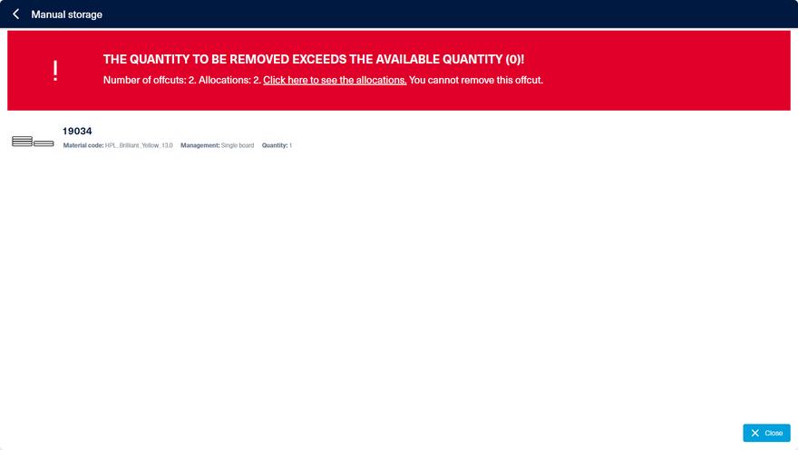 Error when removing an already allocated offcut