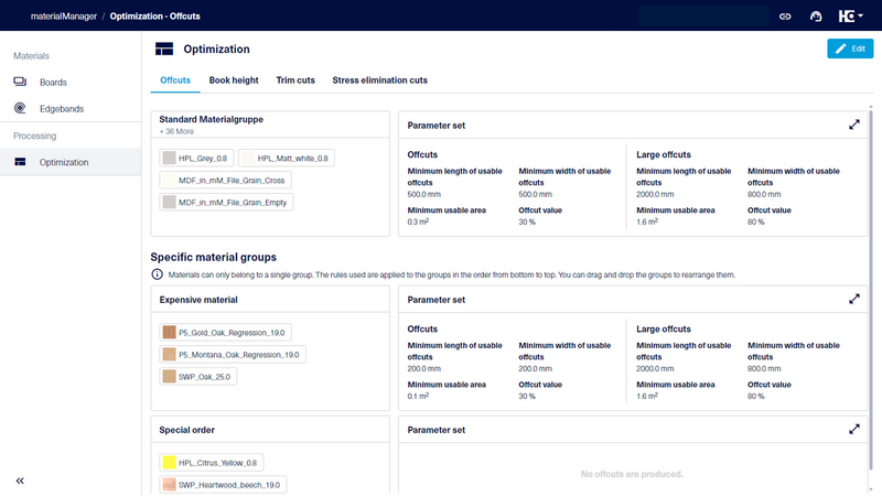 In the “Optimization” area of the materialManager, you have the option of creating material groups for optimization parameters for offcuts and specifying corresponding parameters.