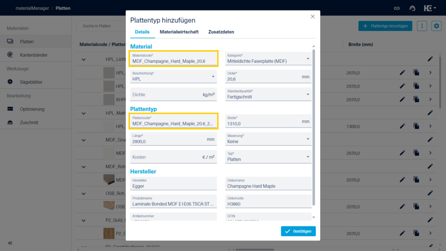 Validierung der Stammdaten für ein Material