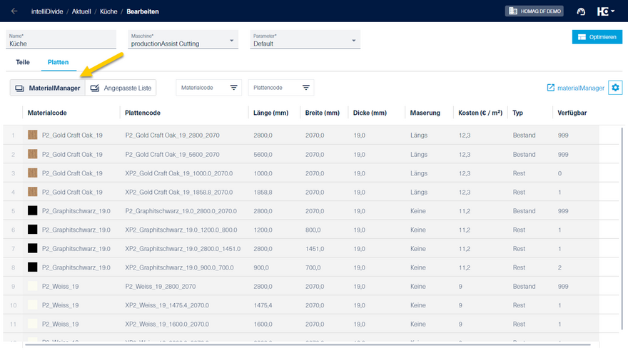 Im Modus "materialManager" werden alle Platten und Reste angezeigt, die für die Optimierung der Teile im materialManager zur Verfügung stehen. Die Optimierung wird stets  auf Basis des aktuellen Bestands durchgeführt.