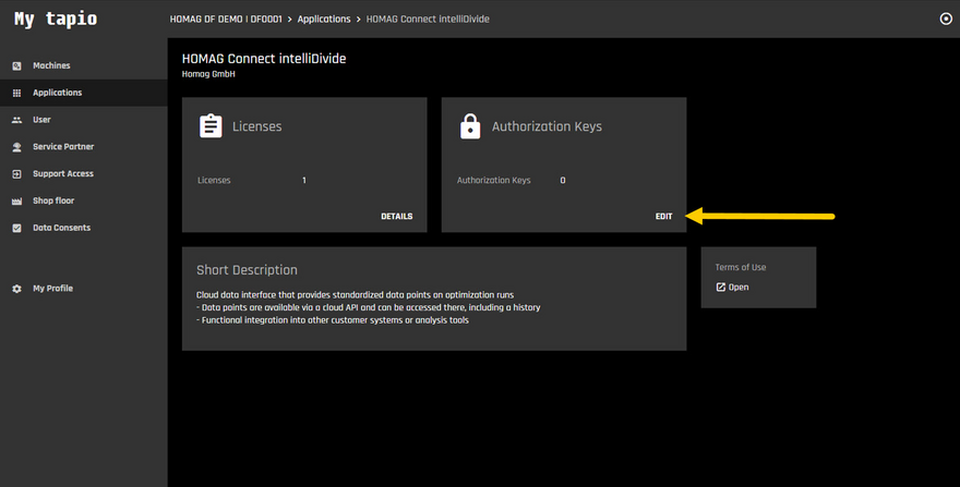 The authorization keys can be edited on the details page.