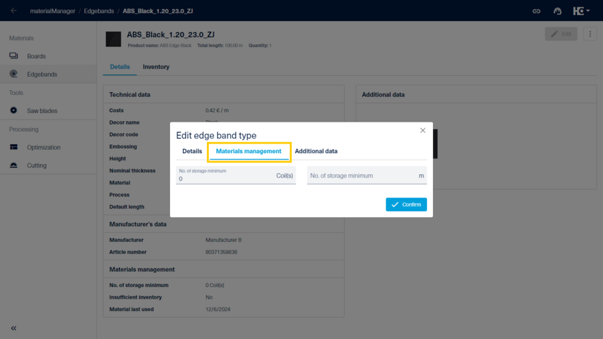 Materials management of an edgeband