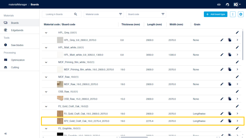 View of a offcut in the materialManager