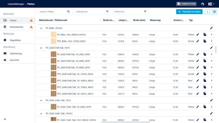 Möchten Sie eine komplette Übersicht über Ihre Plattenmaterialien, wechseln Sie zum materialManager. Dort sind alle Materialien wie gewohnt übersichtlich aufgelistet.