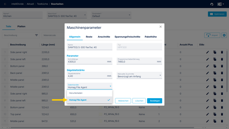 In den Einstellungen zu den Maschinenparametern in intelliDivide legen Sie den HOMAG File Agent als Typ für den Datentransfer fest.