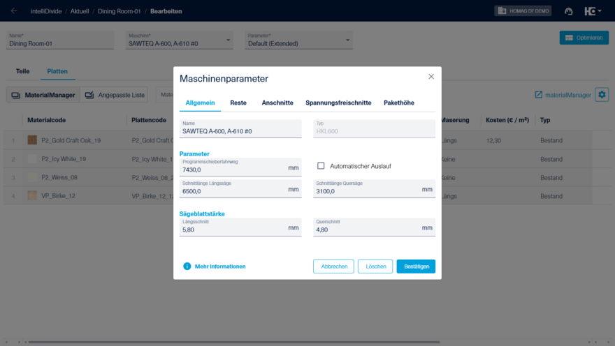 Parameter einer Winkelanlage