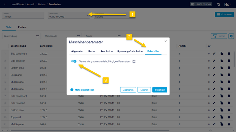 Damit die im materialManager vorgenommenen Einstellungen wirksam werden, muss diese Funktion in intelliDivide für die jeweilige Maschine aktiviert werden. 