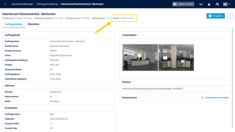 Die neue Eigenschaft „Quelle" wird auf Auftragsebene in den Apps productionManager und productionAssist angezeigt.