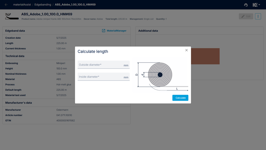 Calculation of the remaining length in the detailed view of a material