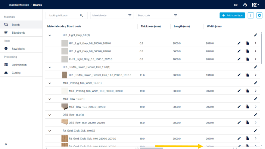 Material overview in list view