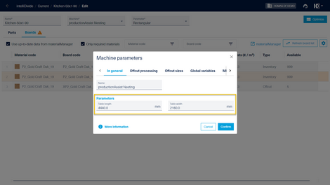 The table length and table width can be set in the machine parameters of a nesting machine.