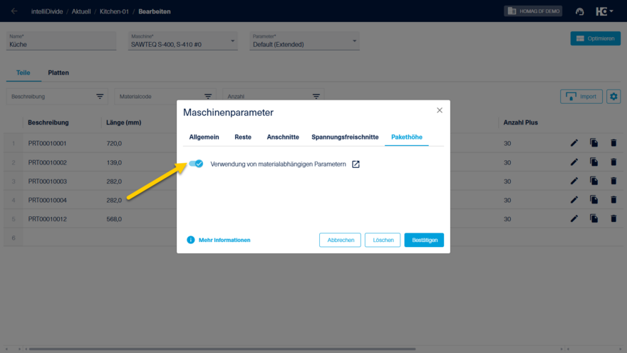 Aktivierung der materialabhängigen Parameter