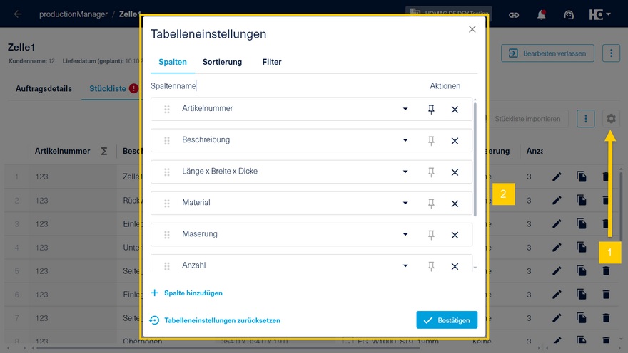 Hinzufügen und Bearbeiten von Spalten