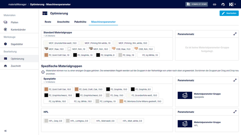 Im materialManager haben Sie im Bereich "Optimierung" die Möglichkeit, Materialgruppen für die Maschinenparameter anzulegen.