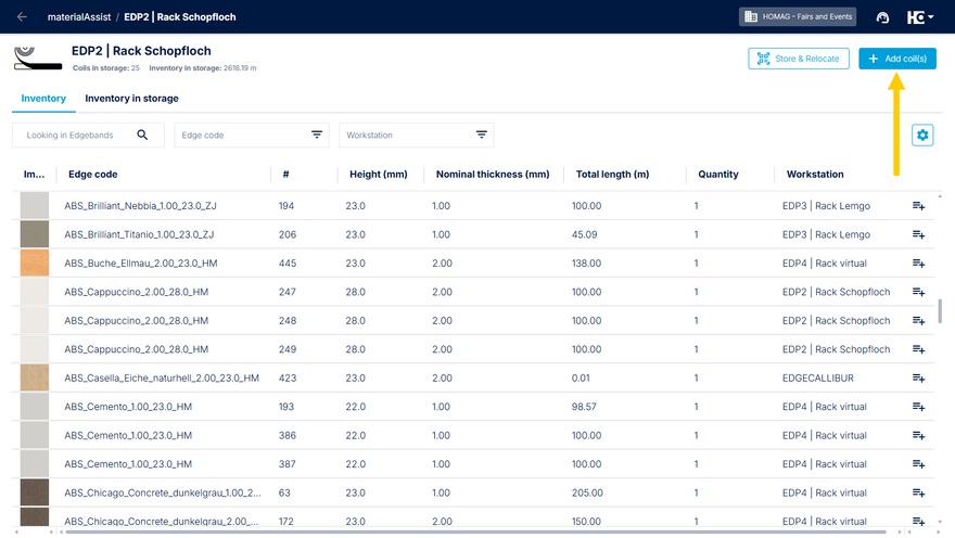 Adding an edgeband in the "Inventory" overview