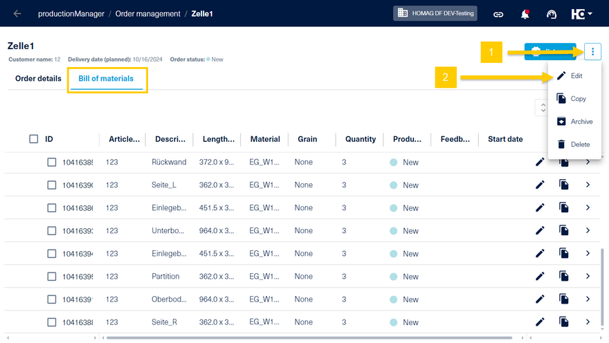 Switching to edit mode in the parts list in productionManager